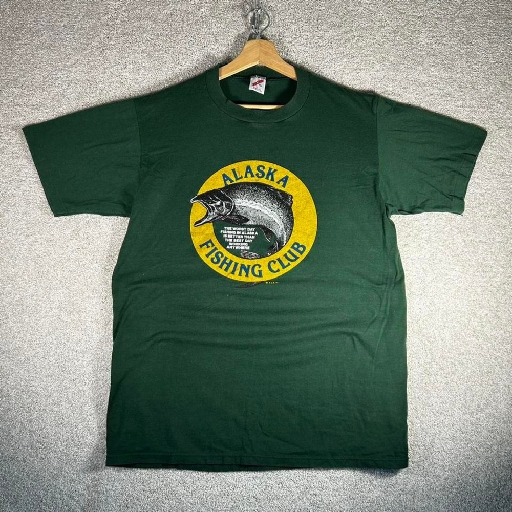 Vintage 80s single stitch Alaskan fishing club green tee shirt tshirt